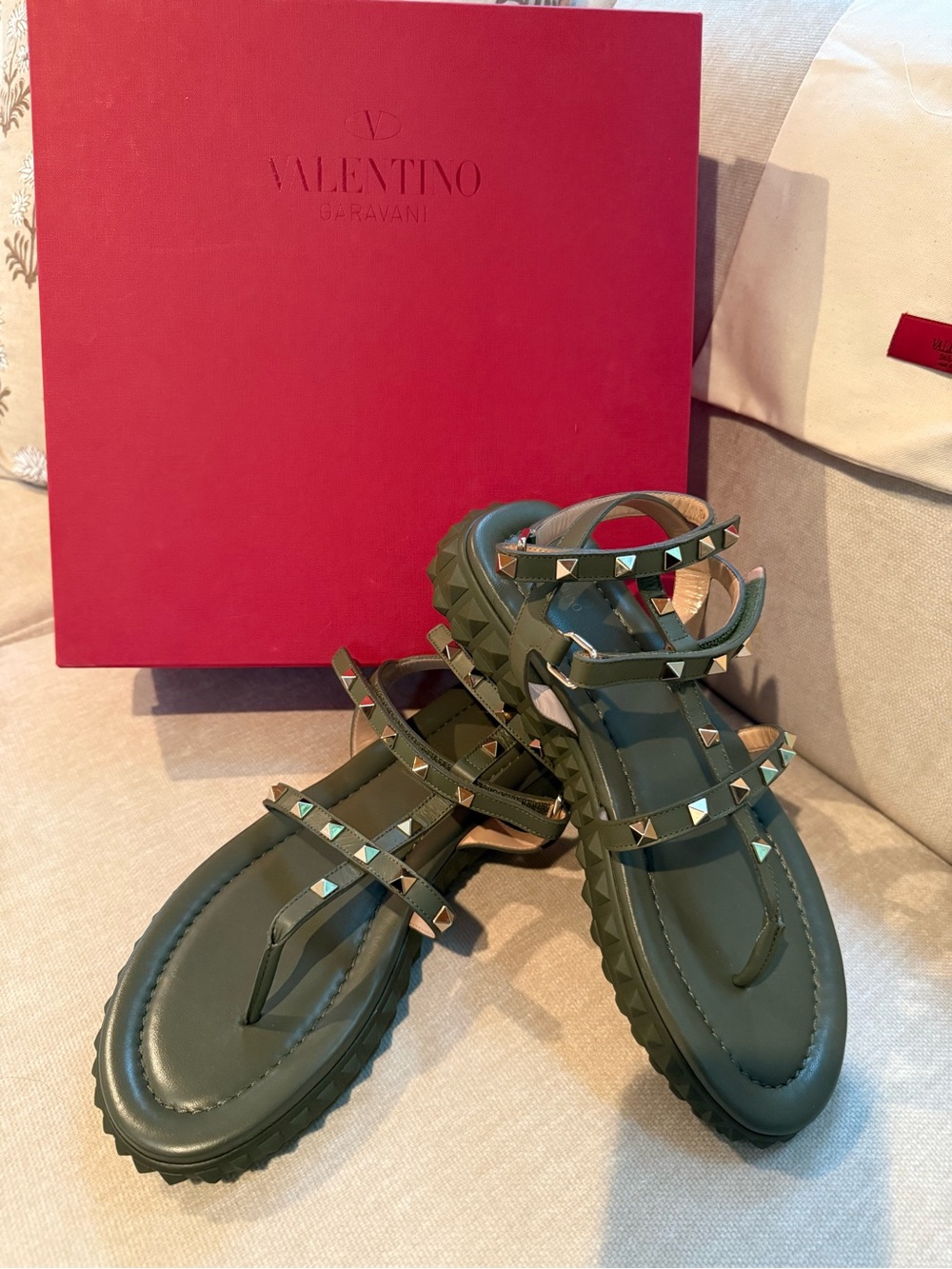 Valentino Garavani Olive Green Pyramid Rockstud Sandals